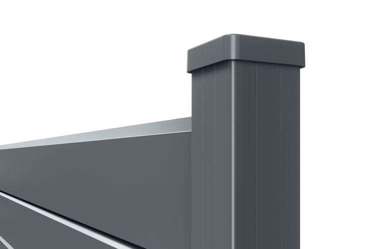 Zaunpfosten mit Pfostenkappe und horizontalen Sichtschutzlamellen aus Aluminium in Anthrazit.