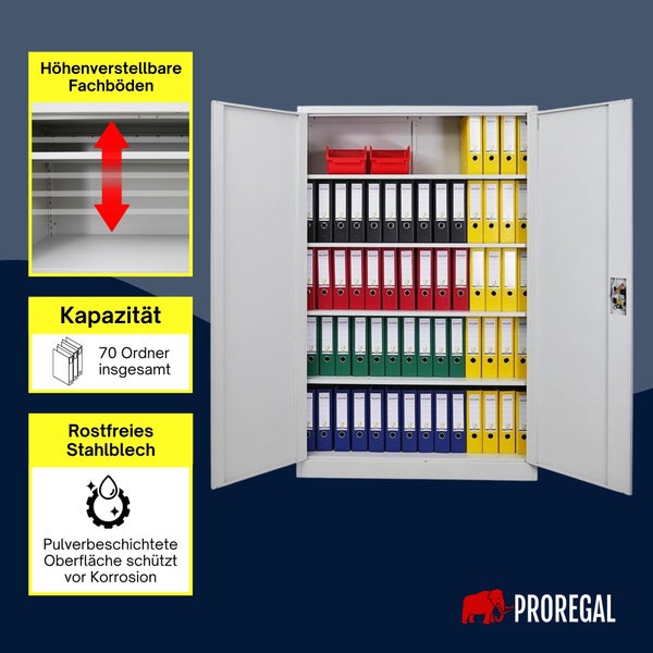 Proregal Stahlschrank, höhenverstellbare Fachböden, Kapazität 70 Ordner, pulverbeschichtetes rostfreies Stahlblech. Proregal Logo.