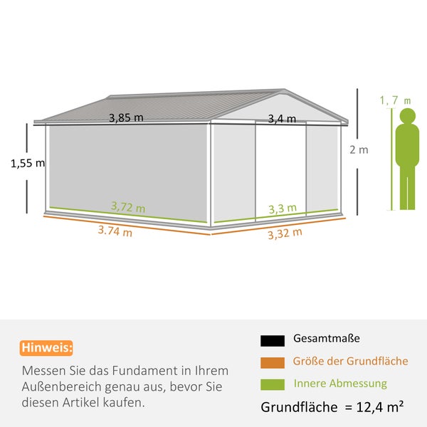Outsunny Gerätehaus 12,4 m², Gartenhaus mit Pultdach, Schiebetür, Fundament, 386 x 340 x 200 cm, Geräteschuppen aus Verzinkter Stahl, wetterfest, für Garten, Hellgrau