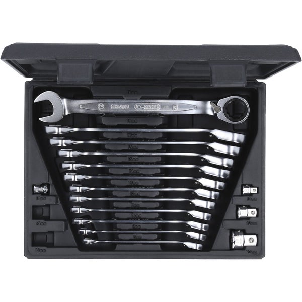 Ringmaulschlüssel-Satz mit Umschaltratsche, Größen 8 bis 19 Millimeter, mit Adapter in einem Koffer
