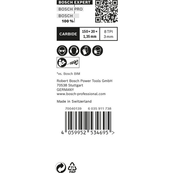 Bosch Expert Produktdetails: 150 x 20 x 1,35 Millimeter, 8 Zähne pro Zoll, 3 Millimeter