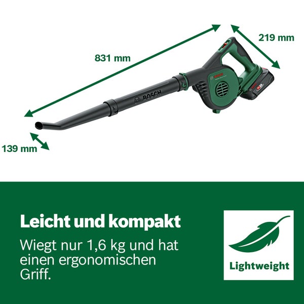 Bosch Akku Laubbläser mit Maßangaben zur Größe