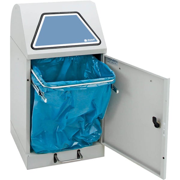 Abfallsammler aus Metall mit geöffneter Tür, blauem Müllsack, Einwurfklappe und Stumpf Logo.