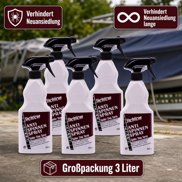 Fünf Flaschen Yachticon Anti Spinnen Spray als Großpackung mit insgesamt drei Litern zur Bekämpfung von Spinnen und deren Neuansiedlung.