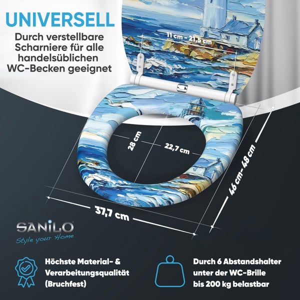 Sanilo WC-Sitz mit Leuchtturm-Motiv, verstellbaren Scharnieren, 200 kg Belastbarkeit und Maßangaben auf technischer Zeichnung.