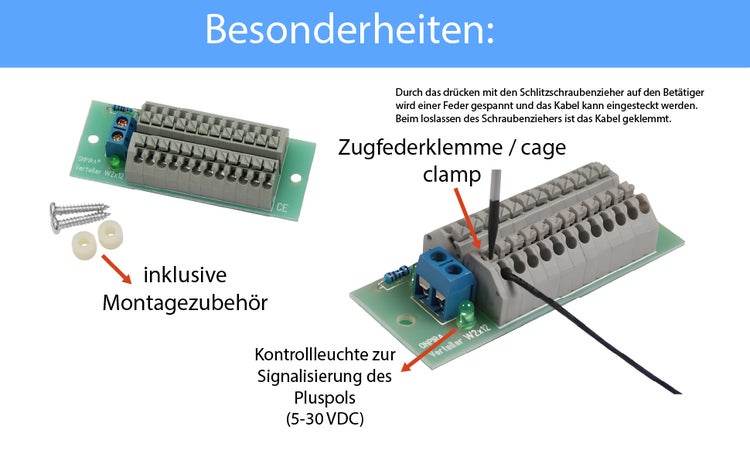 ONPIRA Verteiler W2x12 mit Zugfederklemmen, Kontrollleuchte zur Signalisierung des Pluspols und Montagezubehör inklusive Schrauben.