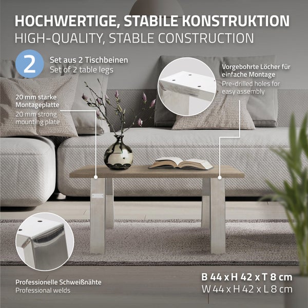ML-Design 2er Set Tischbeine Loft 44x42 cm, Silber, Profil 8x2cm, Stahl, Industriedesign, U-Form, Metall Tischgestell scandic, Tischkufen Tischuntergestell Möbelfüße Bankkufen Bankgestell Bankbeine