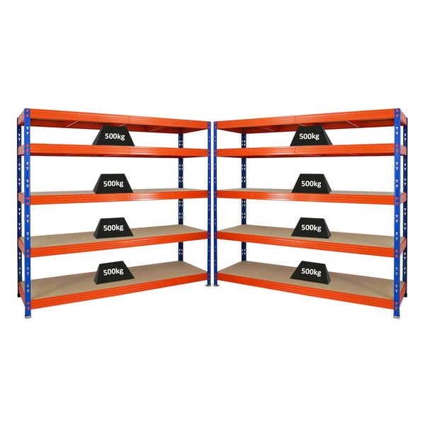 PROREGAL Mega Deal 2x Profi Schwerlastregal Rhino HxBxT 180 x 200 x 60 cm 5 Spanplatten-Ebenen 8mm Fachlast 500 kg Blau/Orange
