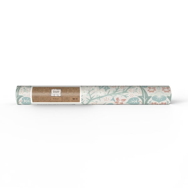 Eine Rolle William Morris Vliestapete mit floralem Muster und William Morris at Home Logo.