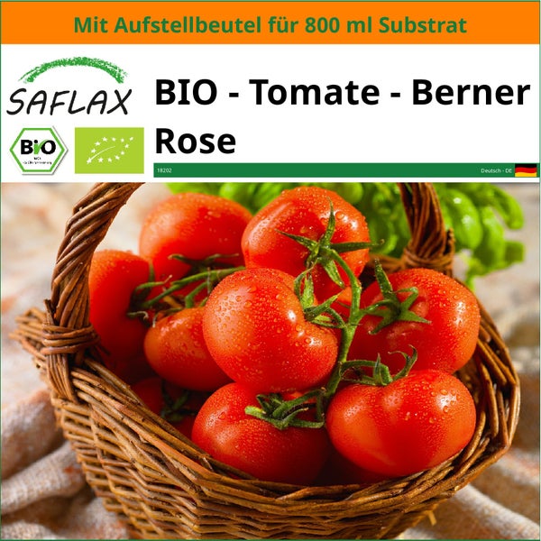 SAFLAX Garden in the bag - BIO - Tomate - Berner Rose - Solanum lycopersicum - 10 Samen - Mit Anzuchtsubstrat im praktischen, selbst aufstellenden Beutel