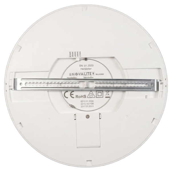 Rückansicht einer runden LED Deckenleuchte mit Enovalite Logo, Montagebügel und einstellbarer Farbtemperatur von 2700 bis 5700 Kelvin.