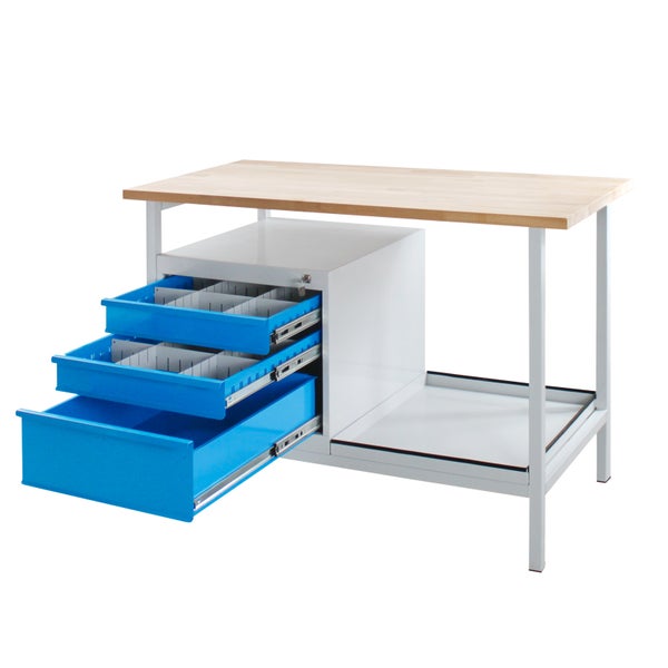 PROREGAL Werkbank Light Rhino mit Ablagefach 3 Schubladen HxBxT 82,5 x 120 x 60 cm Traglast 300 kg Lichtgrau Blau