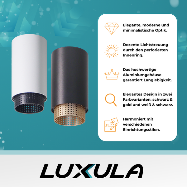 Zwei Luxula Deckenleuchten in Weiss mit schwarzem Innenring und Schwarz mit goldenem Innenring.