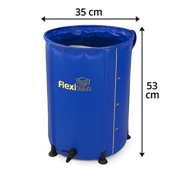 Flexibler Wassertank mit Durchmesser 35 Zentimeter und Höhe 53 Zentimeter, inklusive Ablasshahn und FlexiTank Logo.