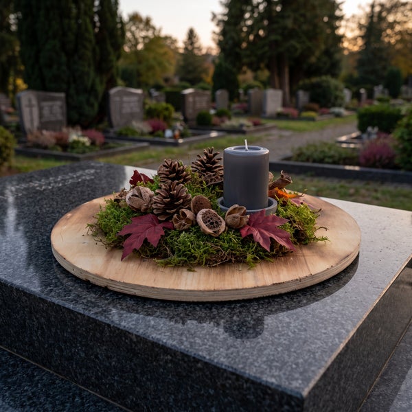 Grabschmuck mit Stumpenkerze, Zapfen und Moos auf einer Holzplatte, platziert auf einem Grabstein auf einem Friedhof.