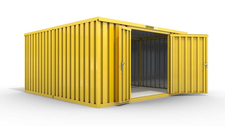 Lagercontainer Gerätehaus M2  – 12 qm, H2150 x B3050 x T4340 mm, Außenwandlackierung RAL 1003 signalgelb, Dach außen verzinkt, mit Holzfußboden, 1830 mm Doppelflügeltür mittig in Stirnseite, montiert
