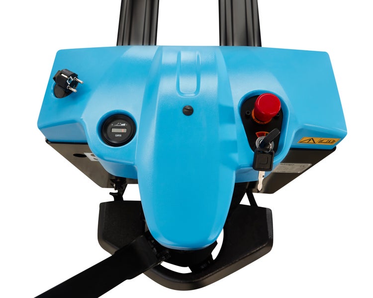 Detailansicht eines Hubwagens mit Bedienelementen, inklusive Notausschalter und Batteriestandsanzeige