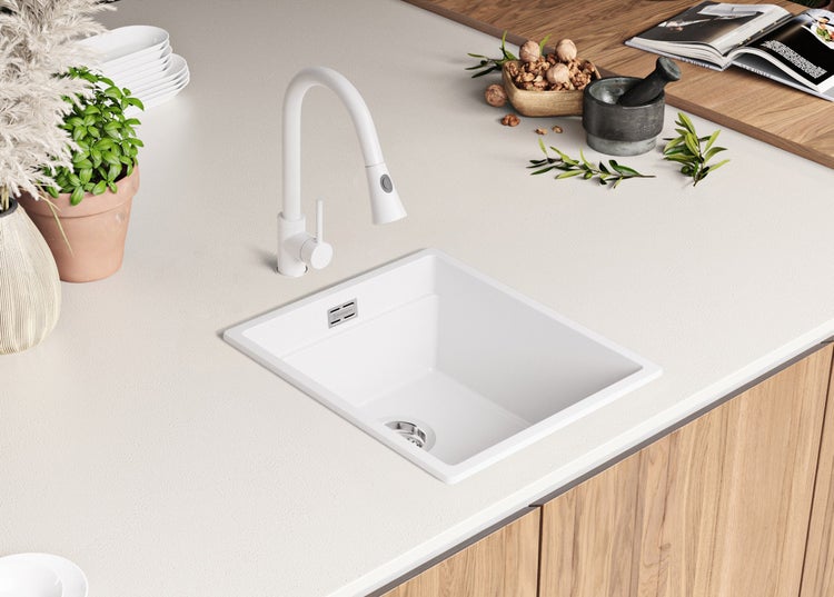 PRIMAGRAN Spülbecken Weiß 41x47cm, Granitspüle 1 Becken + Ablauf-Set + Aufrollbare Abtropffläche, Küchenspüle ab 45er Unterschrank - Praga Slim