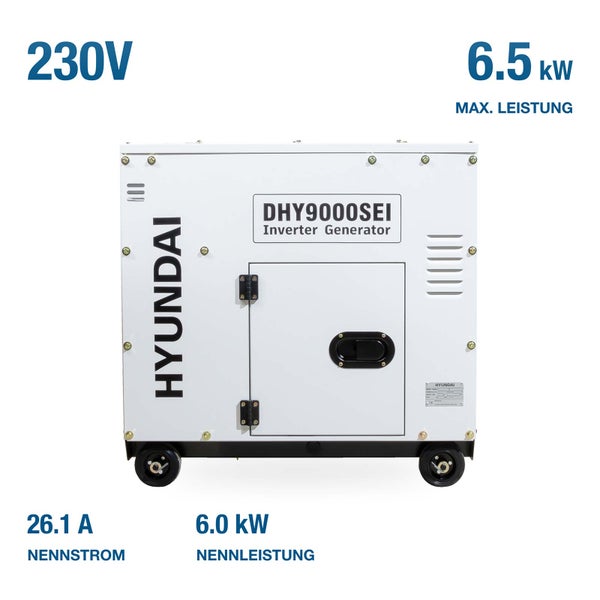 Hyundai Inverter Stromerzeuger DHY9000SEI mit 230 Volt Spannung, 6,5 Kilowatt Maximalleistung und 6,0 Kilowatt Nennleistung auf Rädern.