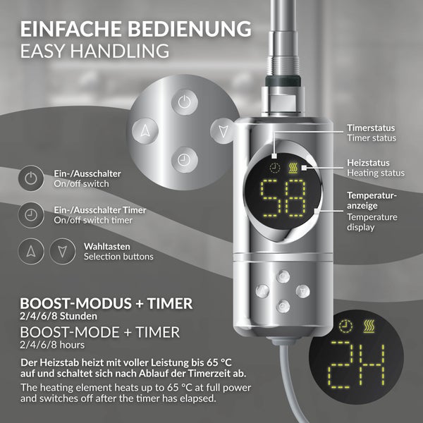 ML-Design Heizstab 600W Chrom mit Thermostat und LCD Bildschirm, Elektronischer Temperaturregler und Timing-Funktion, Heizpatrone Heizelemente für Badheizkörper Heizungen, Elektroheizstab mit Stecker