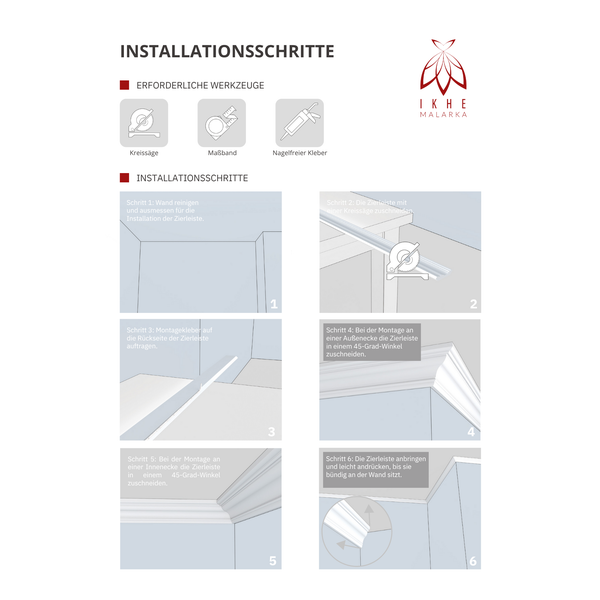 Anleitung zur Anbringung von Zierleisten mit Werkzeugen wie Kreissäge, Maßband und Kleber. IKHE MALARKA Logo