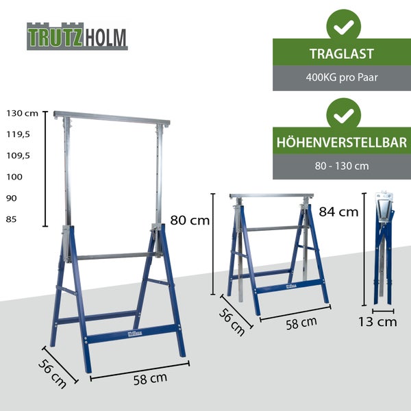 Trutzholm Logo. Höhenverstellbarer Arbeitsbock von 80 bis 130 Zentimeter mit Abmessungen und Traglast von 400 Kilogramm pro Paar.