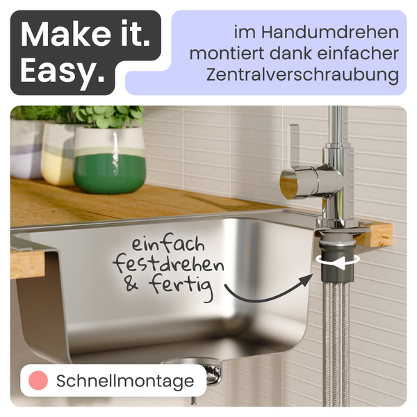Illustration einer Küchenarmatur mit Schnellmontage-System an einer Edelstahlspüle durch eine einfache Zentralverschraubung.