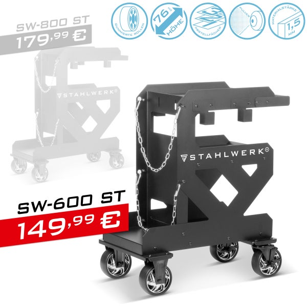 STAHLWERK Schweißgerätewagen mit Gummirollen, Ablagefächern und einer Höhe von 76 cm