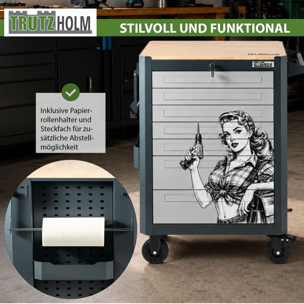 Trutzholm Werkstattwagen mit Schubladen und Rollen inklusive Papierrollenhalter und Ablagefach im Pinup Design