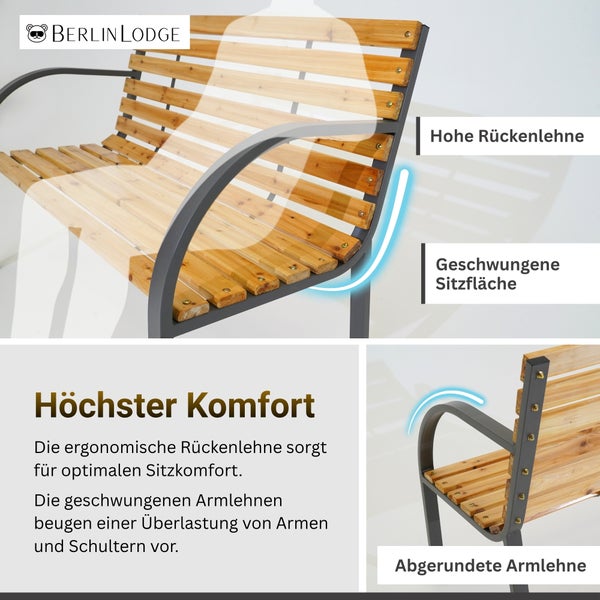 Berlin Lodge Gartenbank mit Holzlatten, Metallrahmen, ergonomischer Rückenlehne, geschwungener Sitzfläche und abgerundeten Armlehnen.