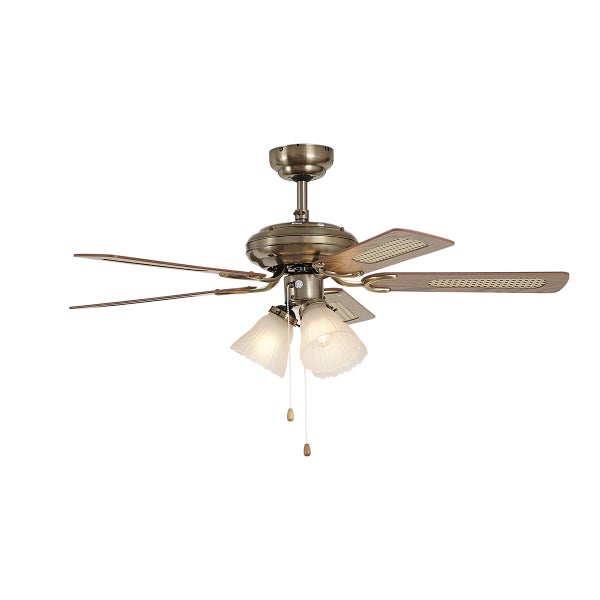 Deckenventilator mit Beleuchtung und fünf Flügeln in Optik von Holzgeflecht für Wohnräume