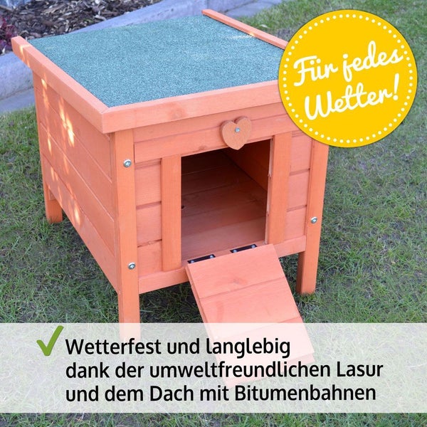 Wetterfestes Kleintierhaus aus Holz mit Bitumendach und ausklappbarer Rampe, langlebig durch umweltfreundliche Lasur.