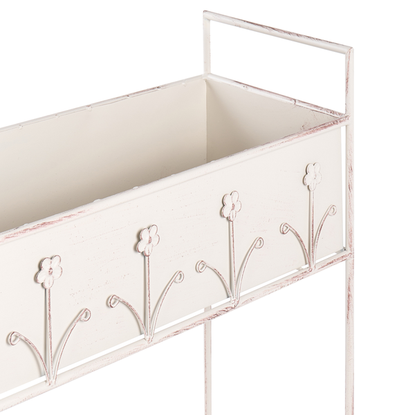 Rechteckiger Pflanzkasten aus Metall mit Blumenornamenten und Vintage-Finish.