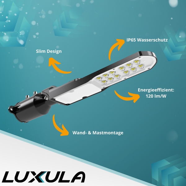 Luxula LED Straßenlampe zur Wand- und Mastmontage mit IP65 Wasserschutz und 120 Lumen pro Watt Energieeffizienz