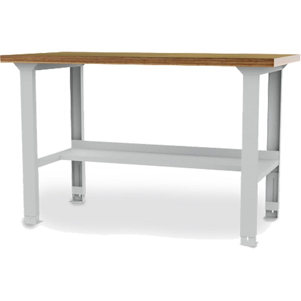 Werkbank mit Holz-Arbeitsplatte, grauem höhenverstellbarem Metallgestell und unterer Ablage.