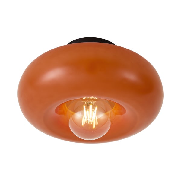 Runde Deckenleuchte aus Glas in Orange mit sichtbarem Filament-Leuchtmittel.