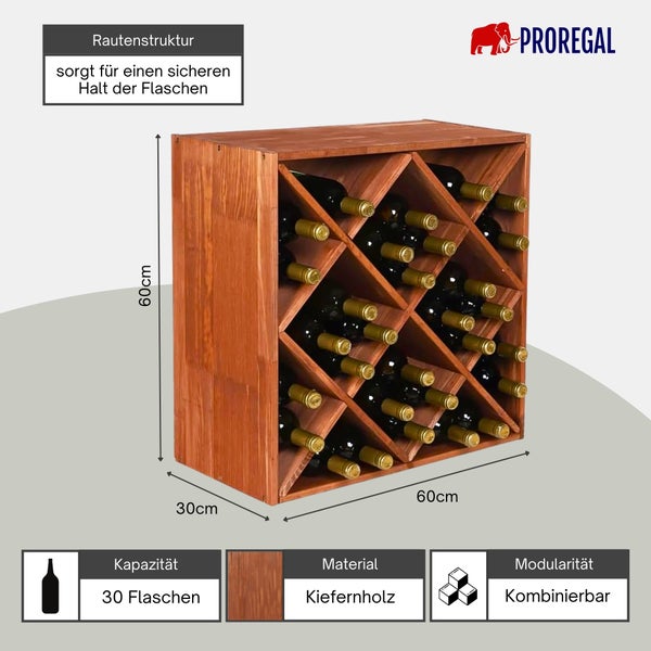 Weinregal aus Kiefernholz mit Rautenstruktur für 30 Flaschen, modular kombinierbar, Maße 60 mal 60 mal 30 Zentimeter, Proregal Logo.