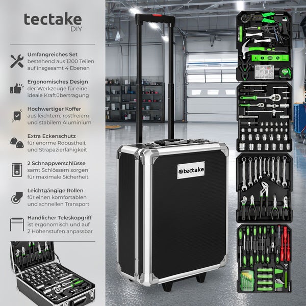 Tectake Werkzeugkoffer mit 1200 Teilen in einem rollbaren Aluminiumkoffer mit Teleskopgriff und vier Werkzeugebenen für Heimwerker.