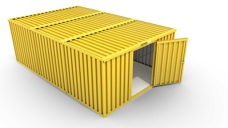 Lagercontainer Gerätehaus L3  – 25 qm, H2150 x B4050 x T6520 mm, Außenwandlackierung RAL 1003 signalgelb, Dach außen verzinkt, mit Holzfußboden, 1270 mm Einflügeltür mittig in Breitseite, montiert