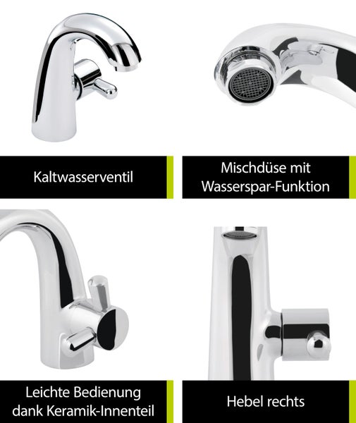 'aquaSu® Premium Kaltwasserhahn mit Wasserspar-Mischdüse, seitliche Betätigung, Standventil Bad, Einhebelmischer mit Keramikkartusche, runder Auslauf, Kaltwasserventil, Messing, Chrom, 796200