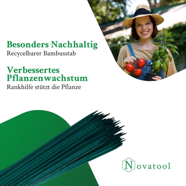 Bündel aus recycelbaren Bambusstäben als Rankhilfe für Pflanzen, Frau mit Tomatenpflanze und Novatool Logo.