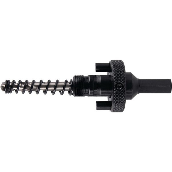 Schwarzer Lochsägen-Adapter mit Mitnehmerstiften, Zentrierbohrer und Auswurffeder aus Metall, Sechskantschaft.