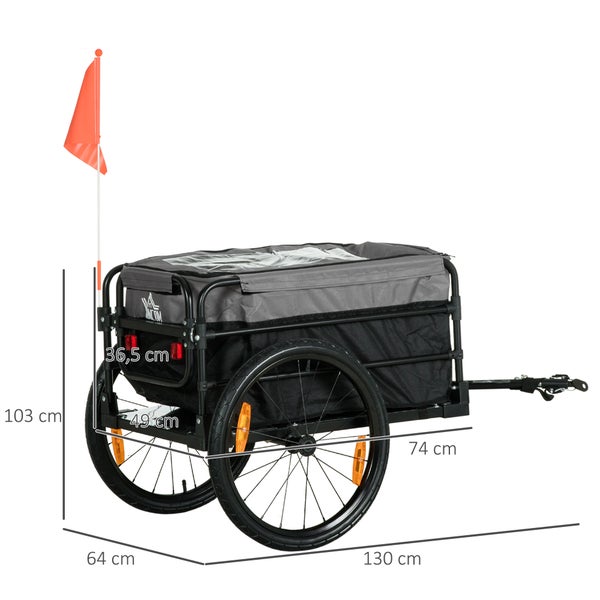HOMCOM 2-in-1 Fahrradanhänger, Lastenanhänger, 40 kg Belastbarkeit, 130 x 64 x 64/103 cm, Stahl, Oxford-Stoff, Schwarz+Grau