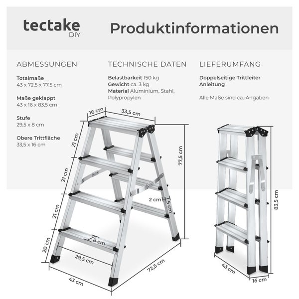 tectake doppelseitige Trittleiter aus Aluminium mit Abmessungen und technischen Daten. Belastbarkeit 150 Kilogramm.