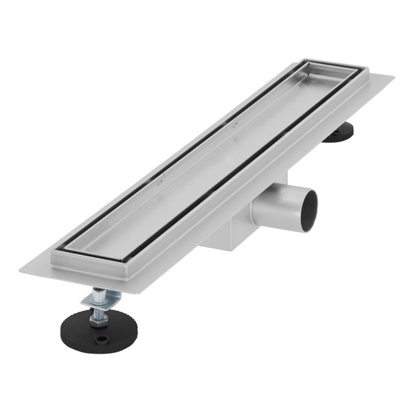 Duschrinne aus Edelstahl mit verstellbaren Füßen und seitlichem Ablauf.