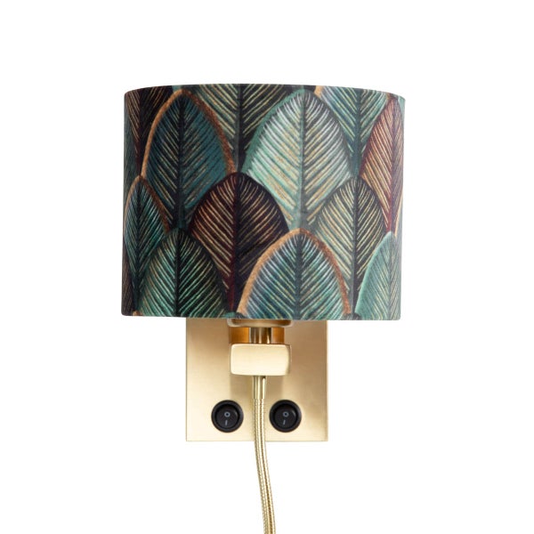 Wandleuchte Bronze mit Samtlampenschirm Blattdesign und goldfarbener Innenseite - Brescia Combi