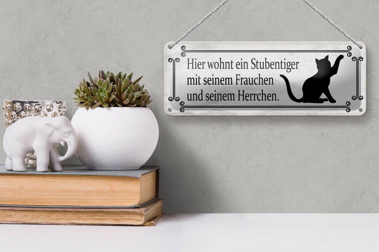 Blechschild Spruch 27x10cm Katze hier wohnt ein Stubentiger Dekoration