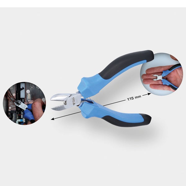 Seitenschneider mit zweifarbigen Griffen und einer Länge von 115 Millimetern.