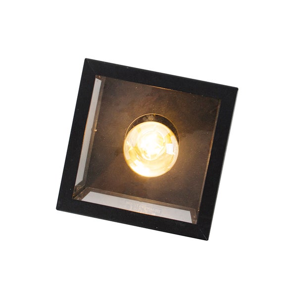 Moderne quadratische Außenleuchte mit schwarzem Rahmen, Klarglas und warm leuchtendem Leuchtmittel.