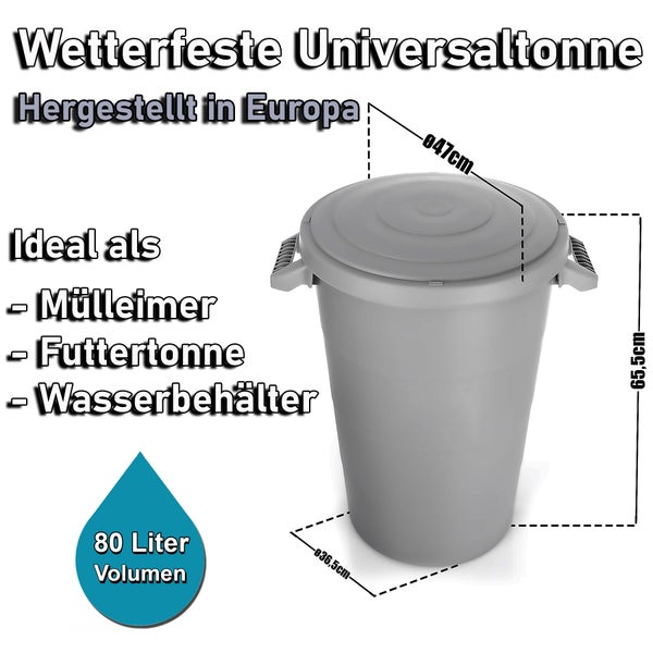 BigDean wetterfeste Universaltonne mit Deckel und 2 stabilen Tragegriffen 80 Liter GRAU - Regentonne Mülleimer - Indoor und Outdoor geeignet - Made in Europe